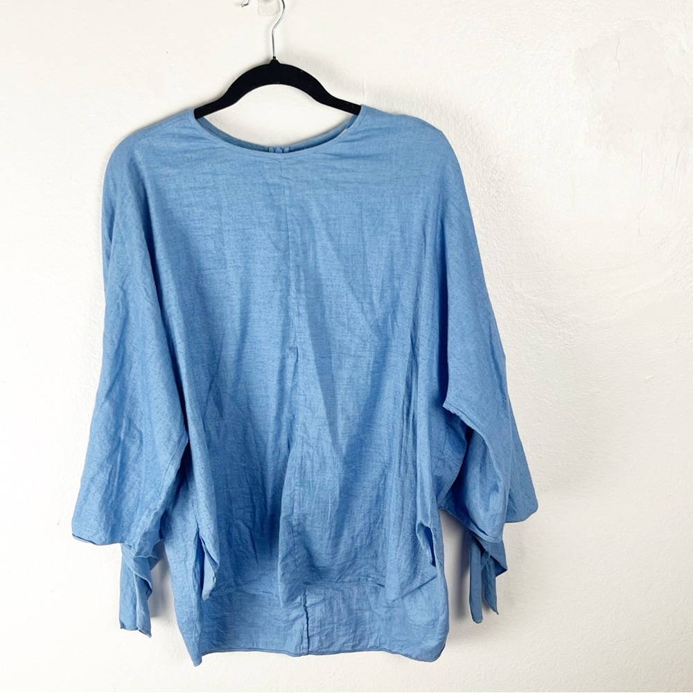 TIBI Blue Dolman Tie Cuff Sleeves Back Zipper Closure High Low Hem Top Medium